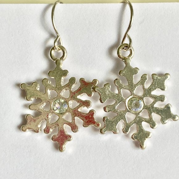 Snowflake Earrings Silver Plated AB Crystals Christmas Winter Snow Holiday X-Mas - Picture 7 of 12